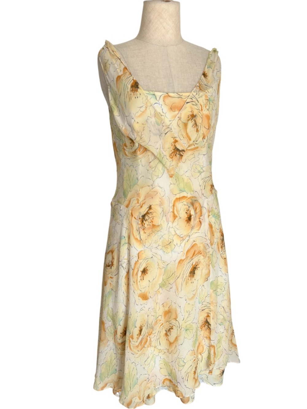 VTG Ann Taylor 100% Silk Yellow Floral V-Neck Midi Sheath Tank Sun Dress 2P